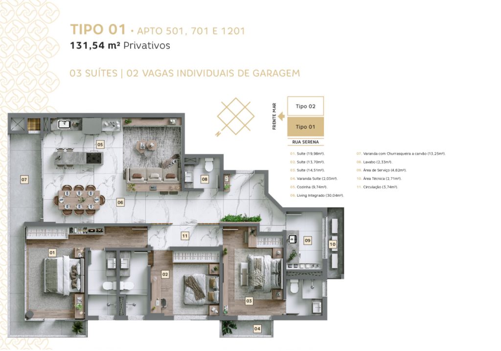 Apartamento Tipo 01 | 501, 701 e 1201